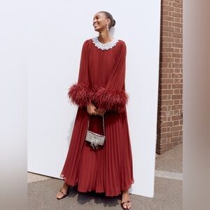 Self portrait BURGUNDY CHIFFON FEATHER MIDI DRESS $1060 NEW